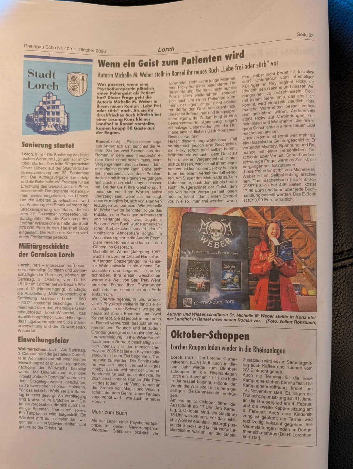 Artikel im Rheingau Echo über M.M. Weber und ihren Roman Lebe frei oder stirb